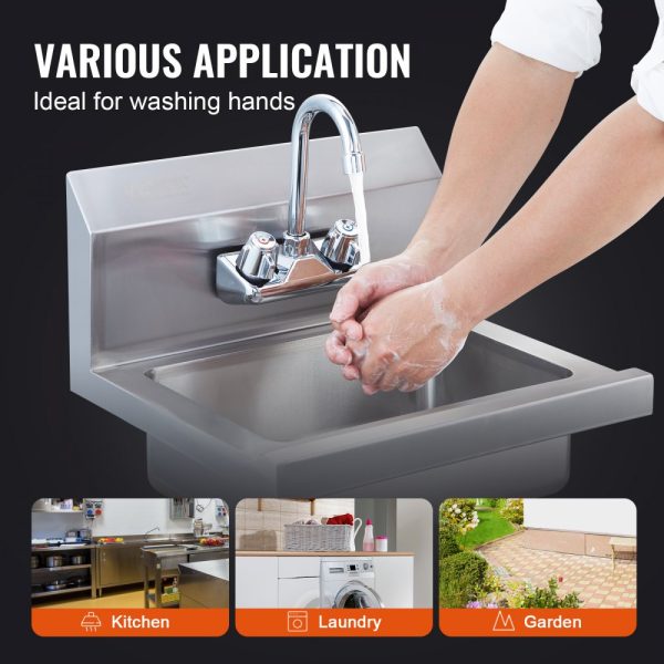 Commercial Sink with Faucet - NSF Certified Stainless Steel Hand Washing Basin, Wall-Mounted, 17x12.8-inch for Restaurants, Kitchens, Bars, Garages & Homes - Image 6