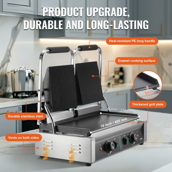 Commercial Panini Press Grill Electric Sandwich Maker Griddle Plate 19"x9" - Image 3
