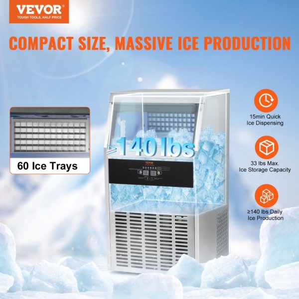 Commercial Ice Maker 140lbs 24H Ice Production 60 Cubes in 12-15 Minutes Freestanding Cabinet with 33lbs Storage LED Digital Display for Bar Restaurant Office Home - Image 2
