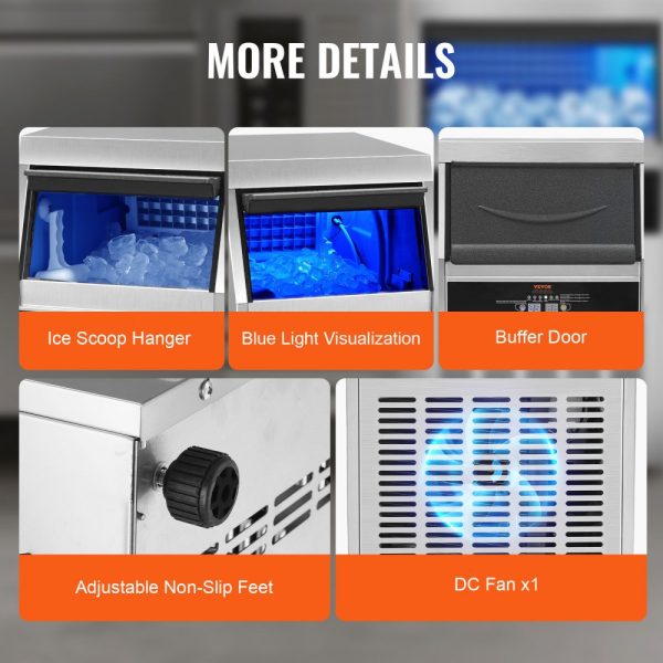 Commercial Ice Maker 140lbs 24H Ice Production 60 Cubes in 12-15 Minutes Freestanding Cabinet with 33lbs Storage LED Digital Display for Bar Restaurant Office Home - Image 6