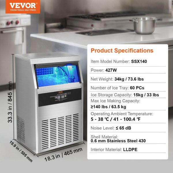 Commercial Ice Maker 140lbs 24H Ice Production 60 Cubes in 12-15 Minutes Freestanding Cabinet with 33lbs Storage LED Digital Display for Bar Restaurant Office Home - Image 7