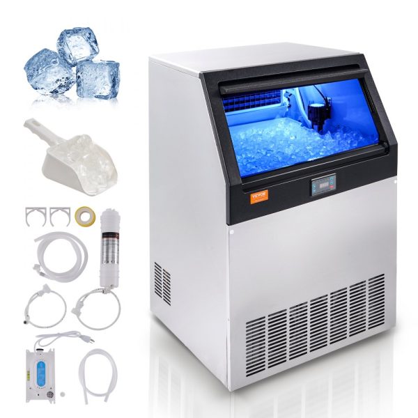 Commercial Ice Maker 160lbs 24Hr 80 Ice Cubes 12-15 Mins Freestanding Cabinet 66lbs Storage LED Digital Display Bars Homes Offices Restaurants