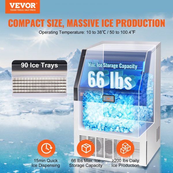 Commercial Ice Maker 200 lbs 24 Hours 90 Ice Cubes 12 15 Minutes 66 lbs Storage LED Digital Display for Bars Homes Offices Restaurants - Image 2