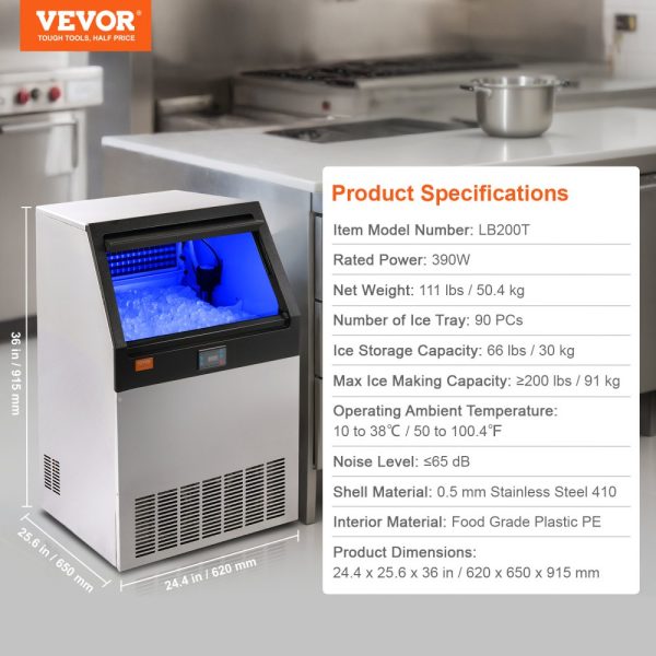 Commercial Ice Maker 200 lbs 24 Hours 90 Ice Cubes 12 15 Minutes 66 lbs Storage LED Digital Display for Bars Homes Offices Restaurants - Image 7