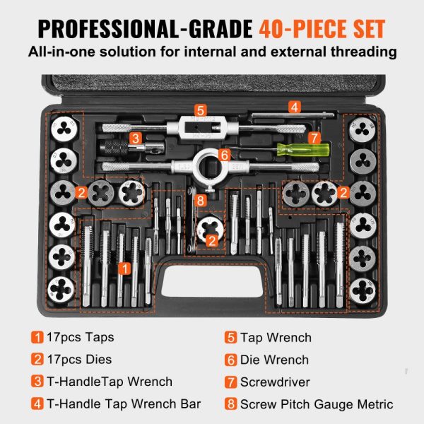 40-Piece Tap and Die Set for Metric Sizes M3 to M12 Bearing Steel Precision Tooling Kit for Cutting External and Internal Threads Complete with Accessories and Storage Case - Image 4