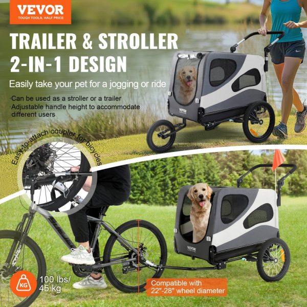 Dog Bike Trailer for Pets, 100 lbs Capacity, 2-in-1 Pet Stroller & Bicycle Carrier with Easy Fold Design, Quick Release Wheels, Universal Coupler, Reflectors, Flag, Black/Gray - Image 2