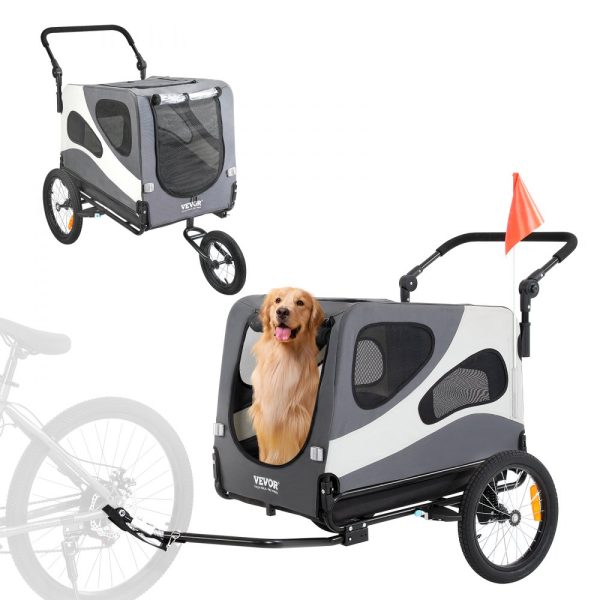 Dog Bike Trailer for Pets, 100 lbs Capacity, 2-in-1 Pet Stroller & Bicycle Carrier with Easy Fold Design, Quick Release Wheels, Universal Coupler, Reflectors, Flag, Black/Gray