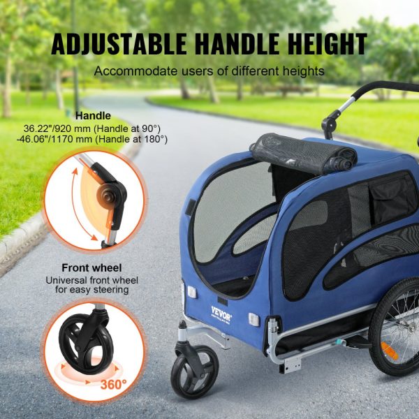 Dog Bike Trailer, 100 lbs Capacity, 2-in-1 Pet Stroller Cart with Easy Folding Frame, Quick Release Wheels, Universal Coupler, Reflectors, Flag, Blue/Black - Image 3