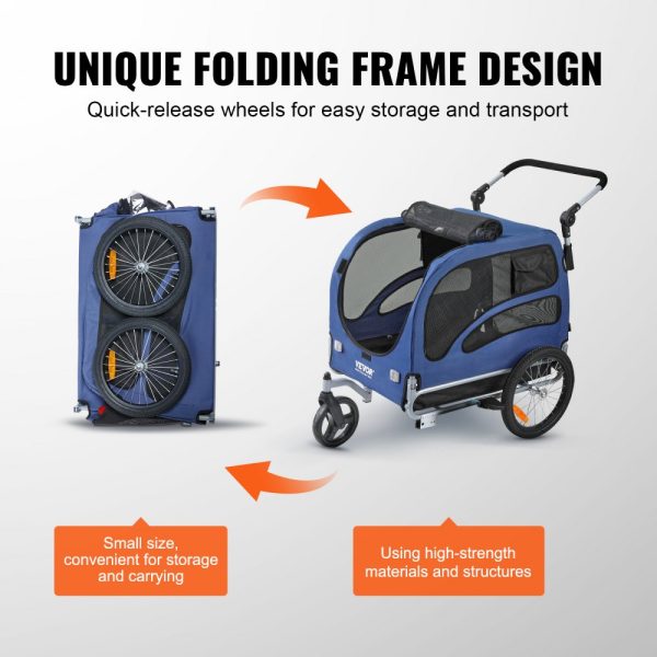 Dog Bike Trailer, 100 lbs Capacity, 2-in-1 Pet Stroller Cart with Easy Folding Frame, Quick Release Wheels, Universal Coupler, Reflectors, Flag, Blue/Black - Image 6
