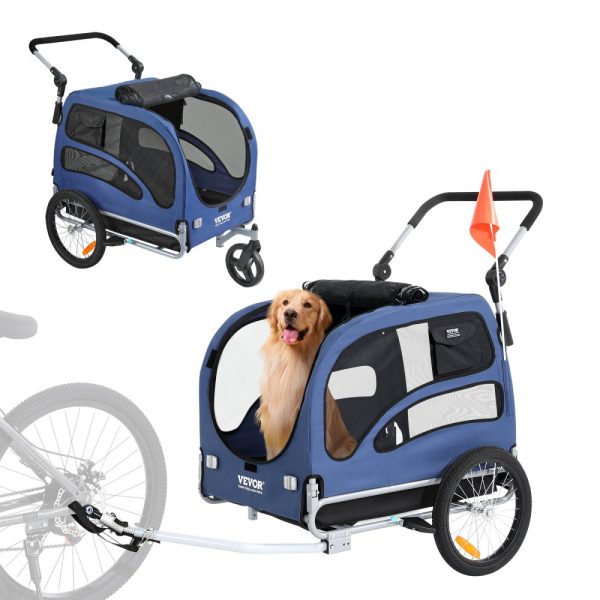 Dog Bike Trailer, 100 lbs Capacity, 2-in-1 Pet Stroller Cart with Easy Folding Frame, Quick Release Wheels, Universal Coupler, Reflectors, Flag, Blue/Black