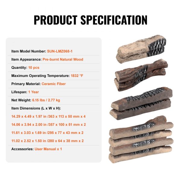 10-Piece Large Ceramic Gas Fireplace Logs Realistic Decorative Fire Logs Stackable Heat-Resistant for Indoor & Outdoor Firebowls - Image 7