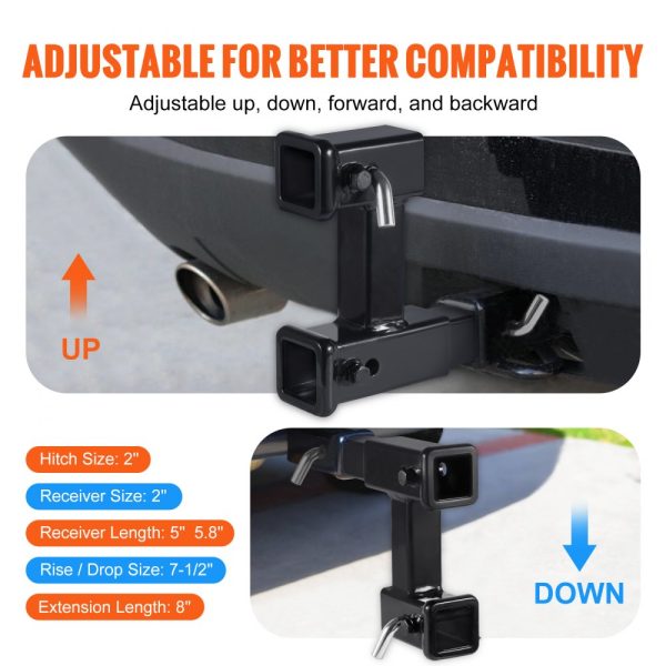 2-Inch Trailer Hitch Receiver Hitch Adapter Extender with 10-Inch Adjustable Length 7.5 Rise/Drop 4000 lbs Towing Capacity Hitch Pins Bolt Nut Kit Black - Image 4