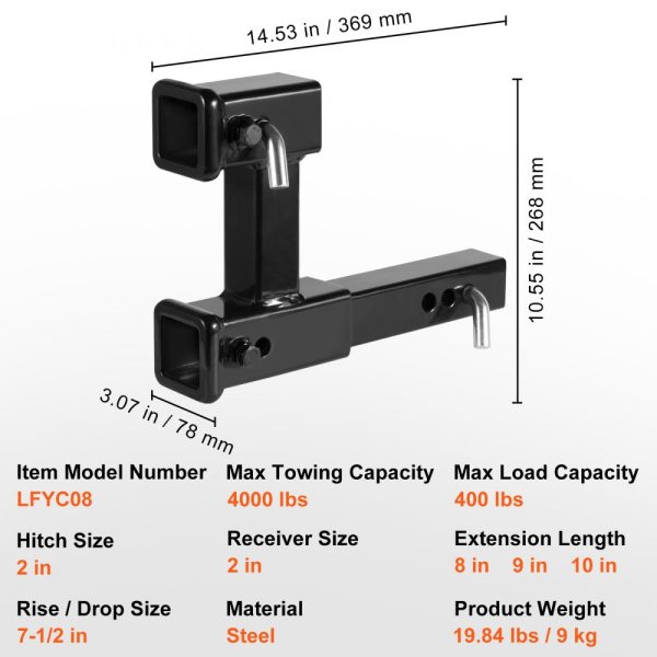 2-Inch Trailer Hitch Receiver Hitch Adapter Extender with 10-Inch Adjustable Length 7.5 Rise/Drop 4000 lbs Towing Capacity Hitch Pins Bolt Nut Kit Black - Image 7