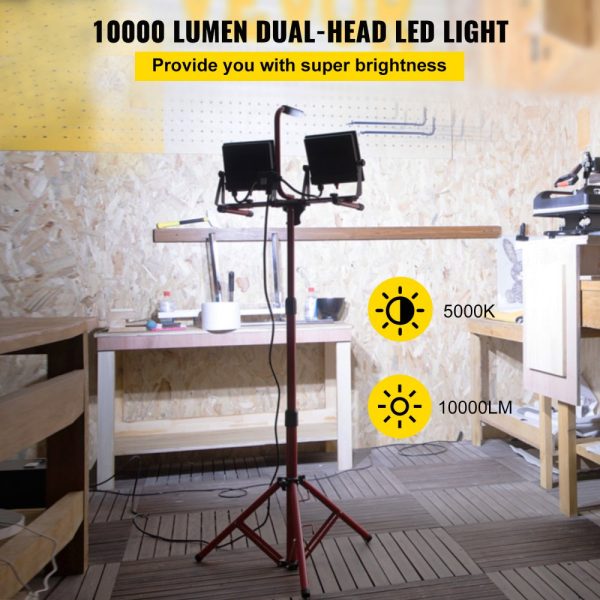 2-Pack 10000 Lumen Dual-Head LED Work Light with Adjustable Foldable Stand IP65 Waterproof 5000K Color Temperature 27.6-68.1 Height - Image 2