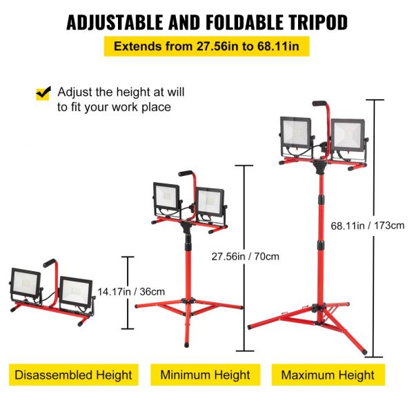 2-Pack 10000 Lumen Dual-Head LED Work Light with Adjustable Foldable Stand IP65 Waterproof 5000K Color Temperature 27.6-68.1 Height - Image 4