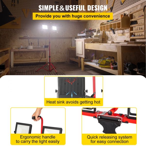 2-Pack 10000 Lumen Dual-Head LED Work Light with Adjustable Foldable Stand IP65 Waterproof 5000K Color Temperature 27.6-68.1 Height - Image 6