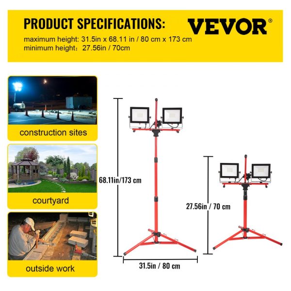 2-Pack 10000 Lumen Dual-Head LED Work Light with Adjustable Foldable Stand IP65 Waterproof 5000K Color Temperature 27.6-68.1 Height - Image 7