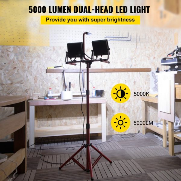 Dual-Head LED Work Light with Adjustable Height Stand, 5000 Lumen, IP65 Waterproof, 5000K Color Temperature - Image 2