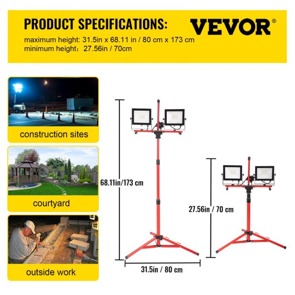 Dual-Head LED Work Light with Adjustable Height Stand, 5000 Lumen, IP65 Waterproof, 5000K Color Temperature - Image 7
