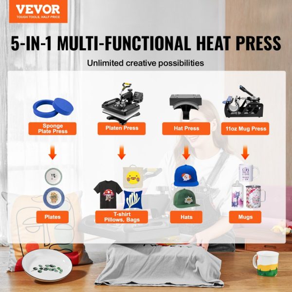 Heat Press Machine 12x15in Fast Heating 5-in-1 Sublimation Printer for T-Shirts Hats Mugs Plates Anti-Scald ETL Black - Image 2