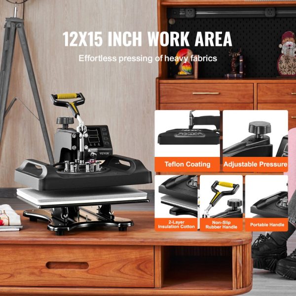 Heat Press Machine 12x15in Fast Heating 5-in-1 Sublimation Printer for T-Shirts Hats Mugs Plates Anti-Scald ETL Black - Image 5