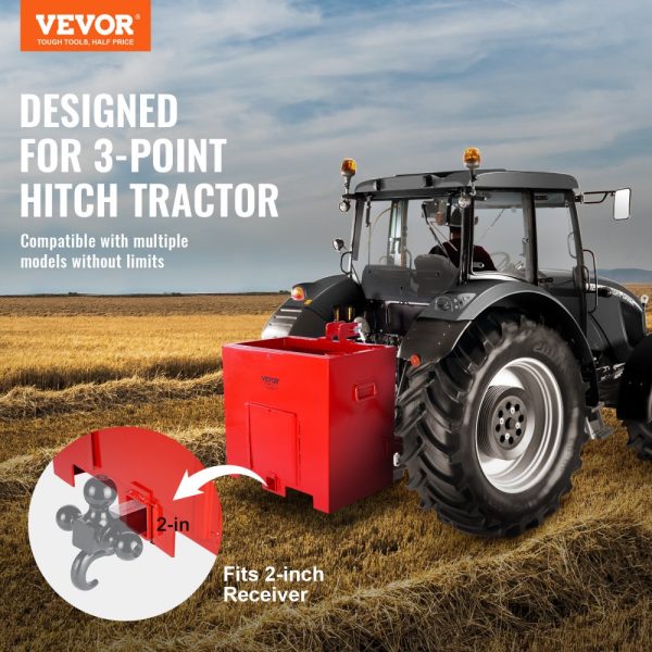 3 Point Category 1 Tractor Ballast Box 800 lbs Capacity for 2-Inch Hitch Receiver 5 cu ft Volume Heavy Duty Steel Construction Red - Image 2