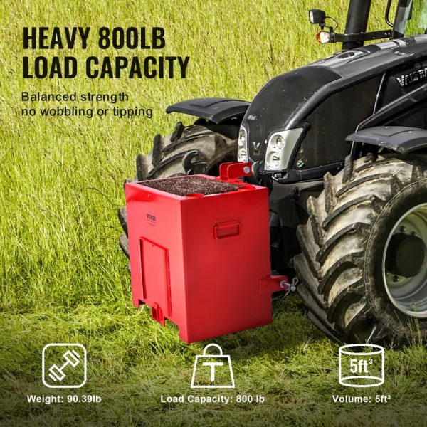 3 Point Category 1 Tractor Ballast Box 800 lbs Capacity for 2-Inch Hitch Receiver 5 cu ft Volume Heavy Duty Steel Construction Red - Image 4