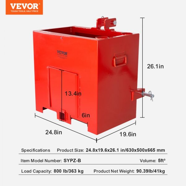 3 Point Category 1 Tractor Ballast Box 800 lbs Capacity for 2-Inch Hitch Receiver 5 cu ft Volume Heavy Duty Steel Construction Red - Image 7