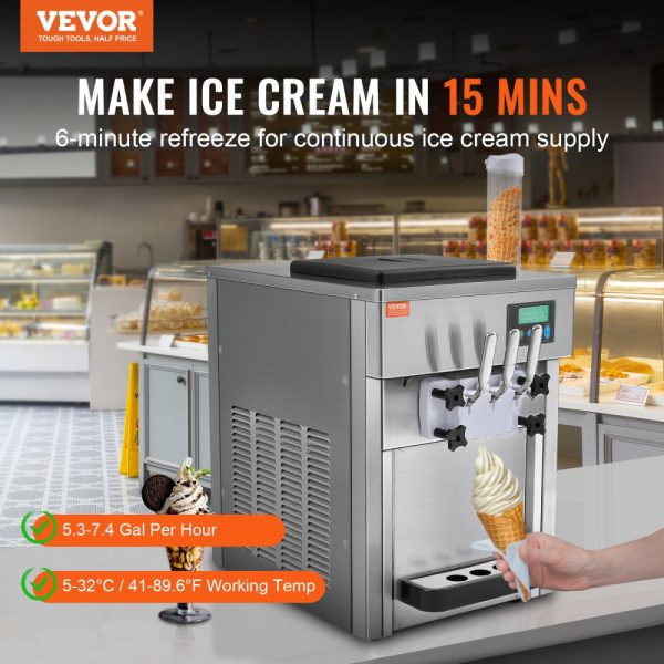 Commercial Soft Serve Ice Cream Machine 21 QT/H 1800W 3 Flavor Countertop Design with 2 x 4L Hopper 2 x 1.8L Cylinder LCD Control Auto Clean for Restaurants Snack Bars - Image 2