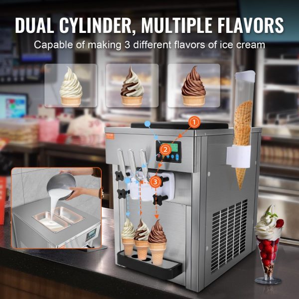 Commercial Soft Serve Ice Cream Machine 21 QT/H 1800W 3 Flavor Countertop Design with 2 x 4L Hopper 2 x 1.8L Cylinder LCD Control Auto Clean for Restaurants Snack Bars - Image 3