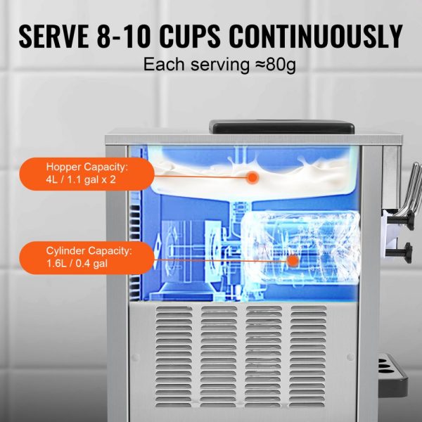 Commercial Soft Serve Ice Cream Machine 21 QT/H 1800W 3 Flavor Countertop Design with 2 x 4L Hopper 2 x 1.8L Cylinder LCD Control Auto Clean for Restaurants Snack Bars - Image 4