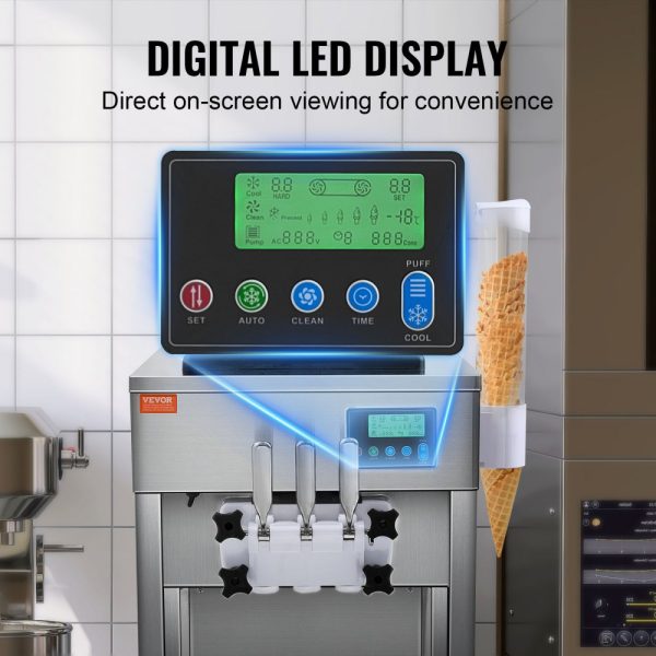Commercial Soft Serve Ice Cream Machine 21 QT/H 1800W 3 Flavor Countertop Design with 2 x 4L Hopper 2 x 1.8L Cylinder LCD Control Auto Clean for Restaurants Snack Bars - Image 5