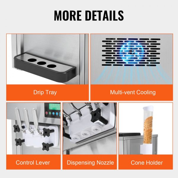 Commercial Soft Serve Ice Cream Machine 21 QT/H 1800W 3 Flavor Countertop Design with 2 x 4L Hopper 2 x 1.8L Cylinder LCD Control Auto Clean for Restaurants Snack Bars - Image 6