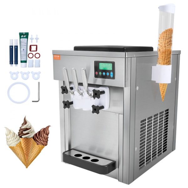 Commercial Soft Serve Ice Cream Machine 21 QT/H 1800W 3 Flavor Countertop Design with 2 x 4L Hopper 2 x 1.8L Cylinder LCD Control Auto Clean for Restaurants Snack Bars