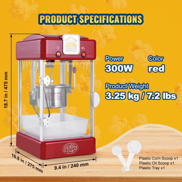 Popcorn Popper Machine Tabletop Popcorn Maker 300W 2.5 Oz Red - Image 7