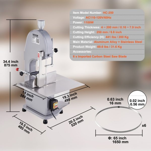 Commercial Electric Meat Saw 1100W Stainless Steel 19.3x15 Countertop Workbench 0.16-7.9 Inch Cutting Thickness Frozen Meat Cutter with 6 Blades - Image 7