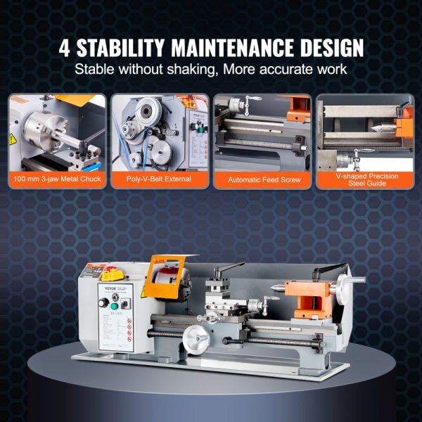 7x13.78 Precision Benchtop Metal Lathe with Variable Speed 0-2200 RPM 500W Brush Motor Gears Tool Box for Precision Parts - Image 4