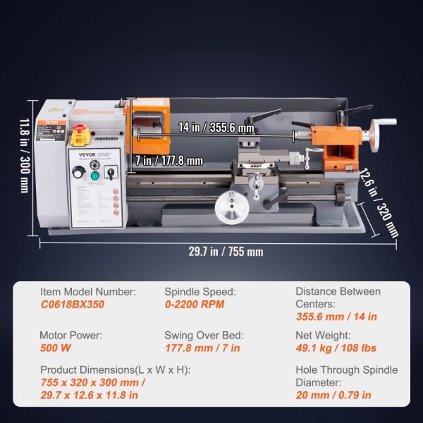 7x13.78 Precision Benchtop Metal Lathe with Variable Speed 0-2200 RPM 500W Brush Motor Gears Tool Box for Precision Parts - Image 7