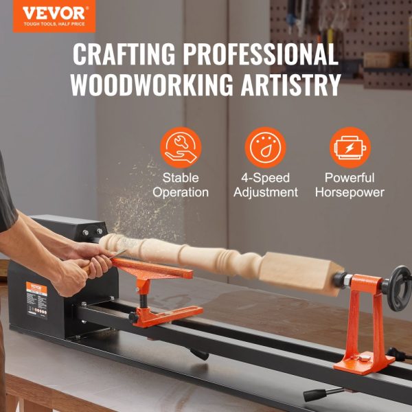 Benchtop Wood Lathe 14x40in 0.5HP/370W 4-Speed Adjustable 885-2425 RPM with Chisels Faceplate Plastic Handle and Hex Wrench for Woodworking - Image 2