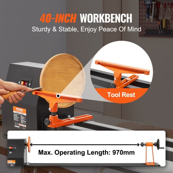 Benchtop Wood Lathe 14x40in 0.5HP/370W 4-Speed Adjustable 885-2425 RPM with Chisels Faceplate Plastic Handle and Hex Wrench for Woodworking - Image 3
