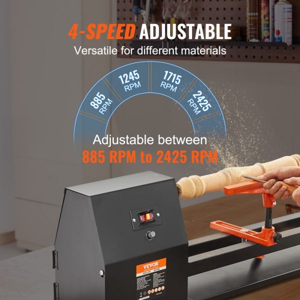 Benchtop Wood Lathe 14x40in 0.5HP/370W 4-Speed Adjustable 885-2425 RPM with Chisels Faceplate Plastic Handle and Hex Wrench for Woodworking - Image 4