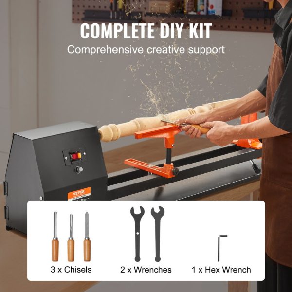 Benchtop Wood Lathe 14x40in 0.5HP/370W 4-Speed Adjustable 885-2425 RPM with Chisels Faceplate Plastic Handle and Hex Wrench for Woodworking - Image 6