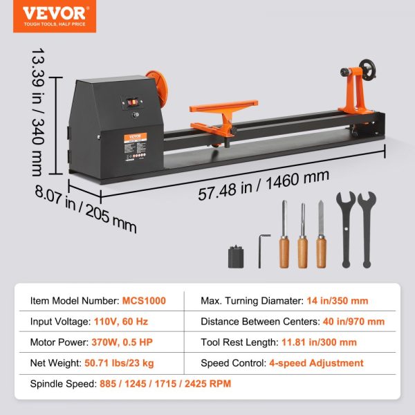 Benchtop Wood Lathe 14x40in 0.5HP/370W 4-Speed Adjustable 885-2425 RPM with Chisels Faceplate Plastic Handle and Hex Wrench for Woodworking - Image 7