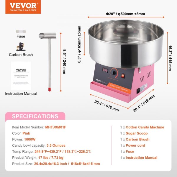 Electric Cotton Candy Machine 1000W Candy Floss Maker Commercial with Stainless Steel Bowl Sugar Scoop Kids Party Family Events in Pink - Image 7