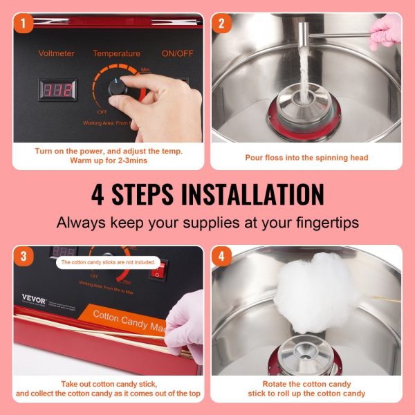1000W Electric Candy Machine for Home & Commercial Use with Stainless Steel Bowl and Sugar Scoop, Perfect for Family Gatherings and Birthday Parties - Red - Image 5