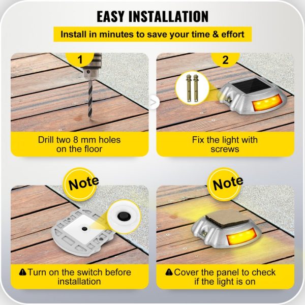 8-Pack Solar Driveway Lights with Switch Button Waterproof Deck Lights Wireless Dock Lights 6 LED Path Warning Garden Walkway Sidewalk Steps Bright Orange - Image 6