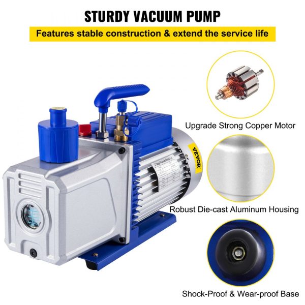 High Performance 12CFM 1HP Two-Stage Vane Vacuum Pump for Auto HVAC AC Refrigerant Evacuation - Image 3