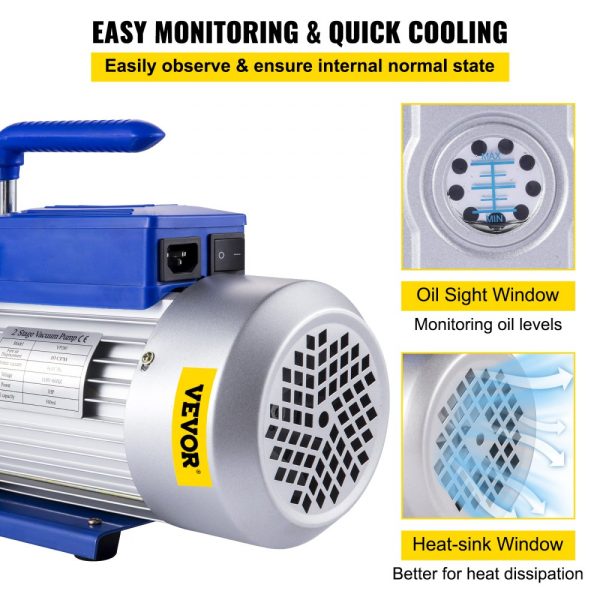 High Performance 12CFM 1HP Two-Stage Vane Vacuum Pump for Auto HVAC AC Refrigerant Evacuation - Image 5
