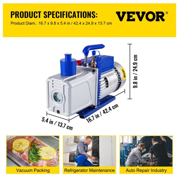High Performance 12CFM 1HP Two-Stage Vane Vacuum Pump for Auto HVAC AC Refrigerant Evacuation - Image 7