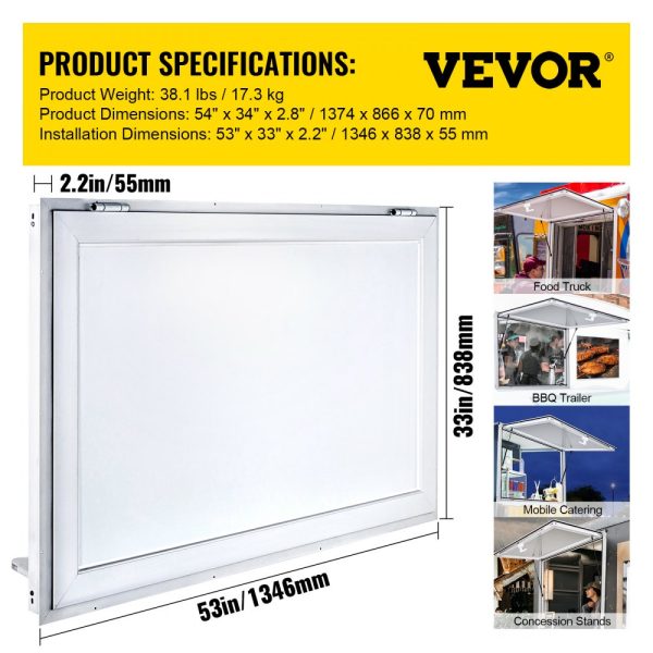 Concession Stand Window Door 53x33 Double-Point Fork Lock Awning Design UpTo 85 Degrees Food Trucks Use No Glass - Image 7